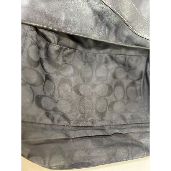 COA Coach Black Leather Shoulder Bag Tote Purse Duffle Tassel White Stitch Fring - Picture 13 of 15